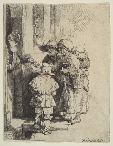 The Blind Hurdy-Gurdy Player and Family Receiving Alms by Rembrandt van Rijn, print, 1648