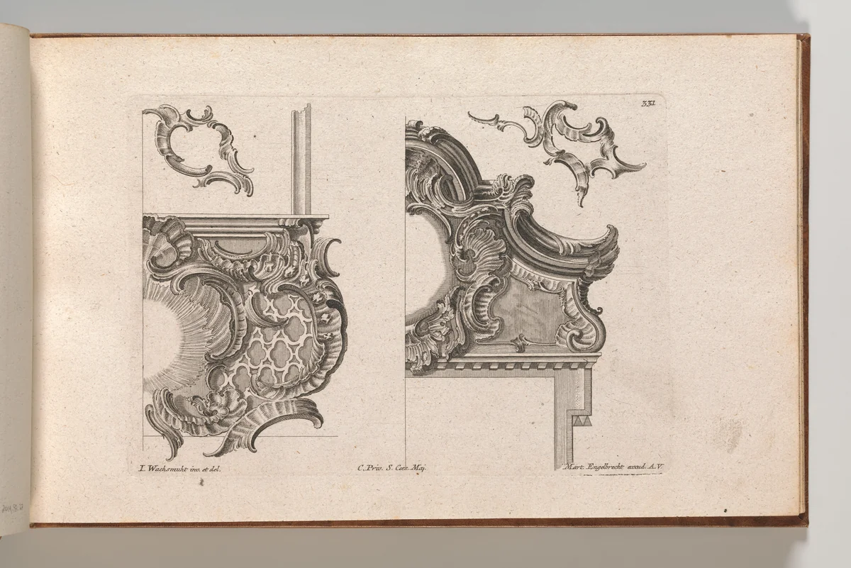 Suggestion for the Decoration of Lower Right and Top Right of a Framel, Plate 2 from an Untitled Series with Rocailles Ornaments for Window, Pier Glass and Door Frames by Jeremias Wachsmuth, book, 1745-1755