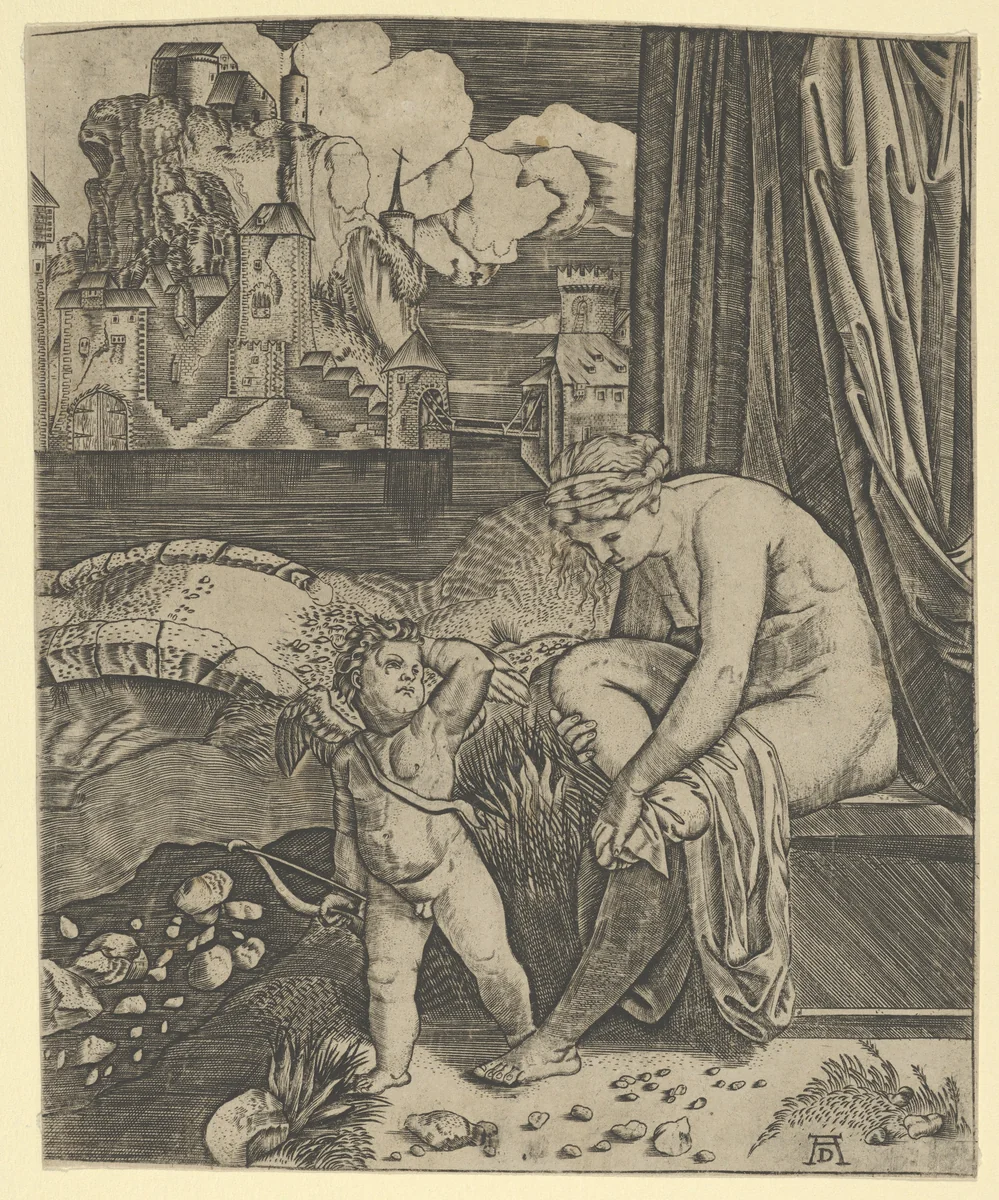 Venus naked sitting at right drying her foot with a piece of drapery, Cupid, in front of her, holding a bow in his right hand by anonymous, print, 1515-1525