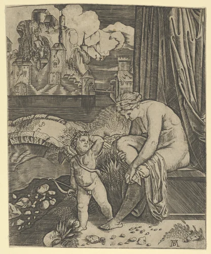 Venus naked sitting at right drying her foot with a piece of drapery, Cupid, in front of her, holding a bow in his right hand by anonymous, print, 1515-1525