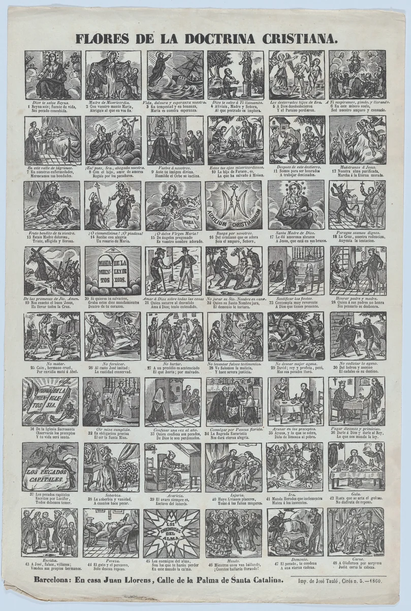 Broadside with 48 scenes illustrating Christian doctrine by Juan Llorens, print, 1860