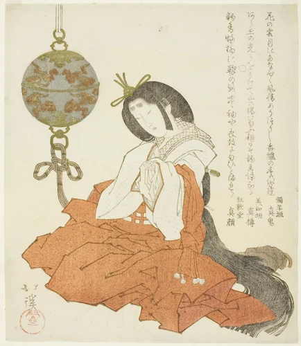 Court lady sitting beside hanging incense burner by Totoya Hokkei (魚屋北渓), print, 1820-1829