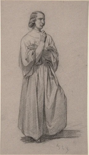 Three-Quarter View of a Standing Male Robed Figure by François-Claudius Compte-Calix, drawing, 1813-1880
