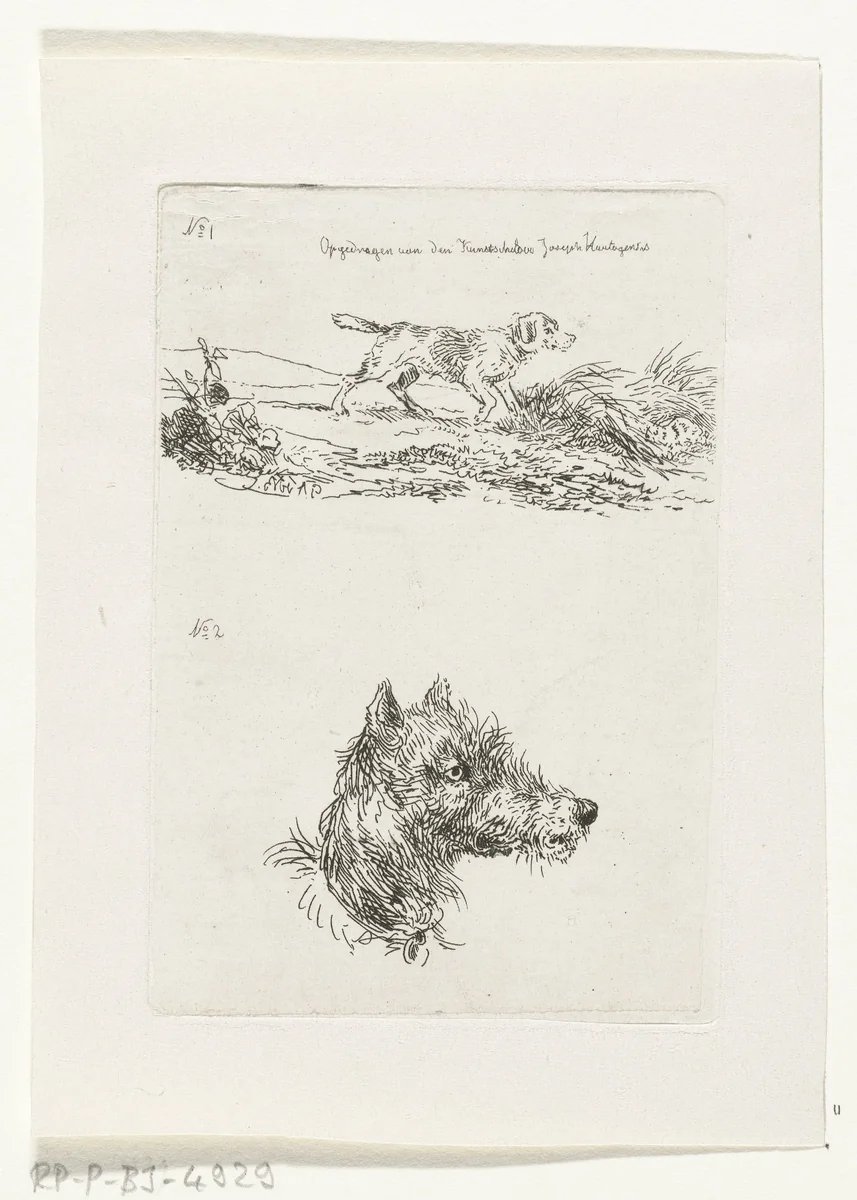 Hondekop en hond in landschap by Guillaume Anne van der Brugghen, print, 1856