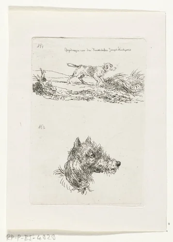 Hondekop en hond in landschap by Guillaume Anne van der Brugghen, print, 1856