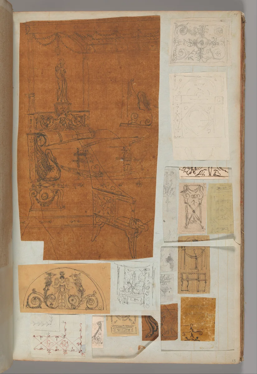 Page from a Scrapbook containing Drawings and Several Prints of Architecture, Interiors, Furniture and Other Objects by Charles Percier, book, 1795-1805