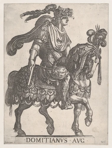 Plate 12: Emperor Domitian on horseback facing right from the 'First Twelve Emperors of Ancient Rome' by Antonio Tempesta, print, 1575-1630