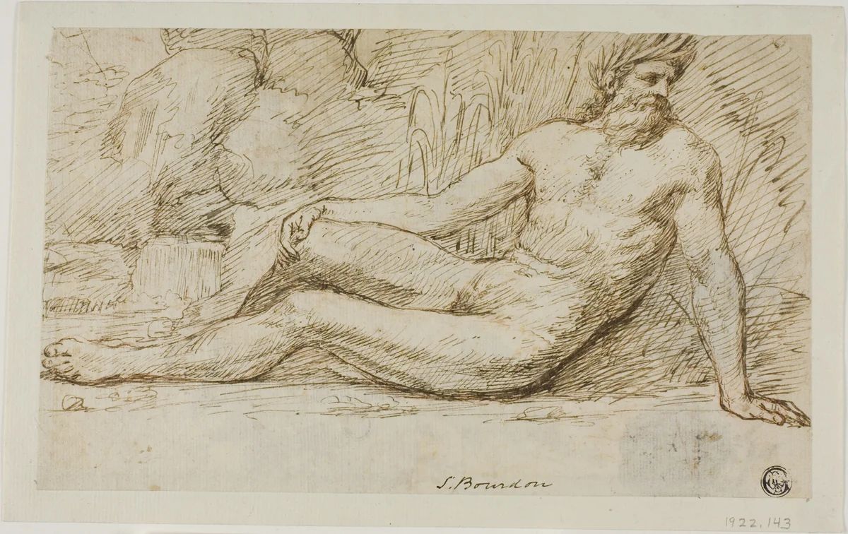 River God (recto); Sketches of Two Male Heads (verso) by Sébastien Bourdon, drawing, 1636-1671