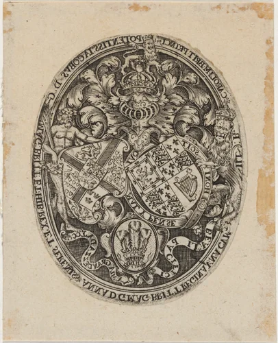 Shield of James I, Anne of Denmark, and Prince Charles by Simon van de Passe, print, 1595-1647