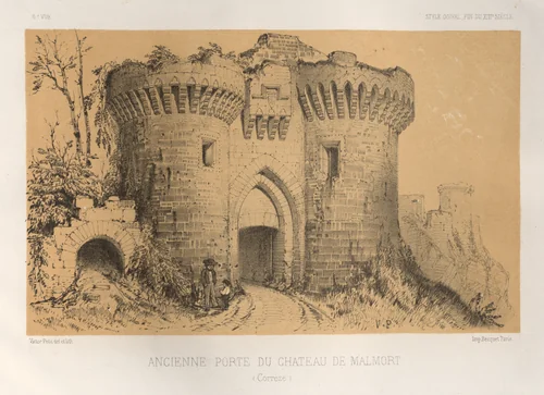 Architecture Pittoresque ou Monuments des xveme. Et xvieme. Siecles: Chateaux De France des XV et XVI Siecles: Pl.6, Ancienne Porte Du Chateau De Malmort (Correze) by Victor Petit, print, 1860