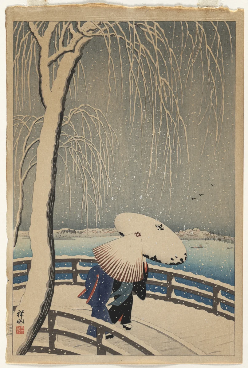 Umbrellas in Snow by Ohara Shoson, print, 1931