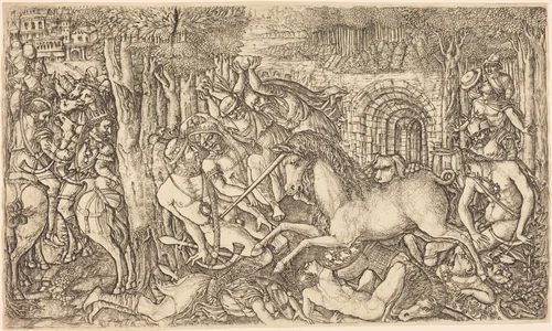 A King Pursued by a Unicorn by Jean Duvet, print, 1555