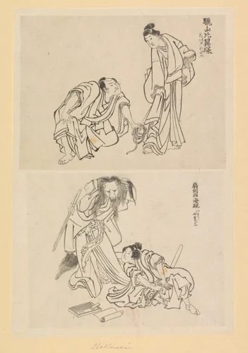 Twee toneelscènes, een met een man en een vrouw en een met een man en een vossenvrouw by Katsushika Hokusai (葛飾 北斎), drawing, 1800-1900