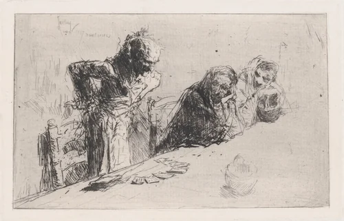 Cardplayers: three men, two seated one standing before a spread of cards on a table by Mariano Fortuny, print, 1867