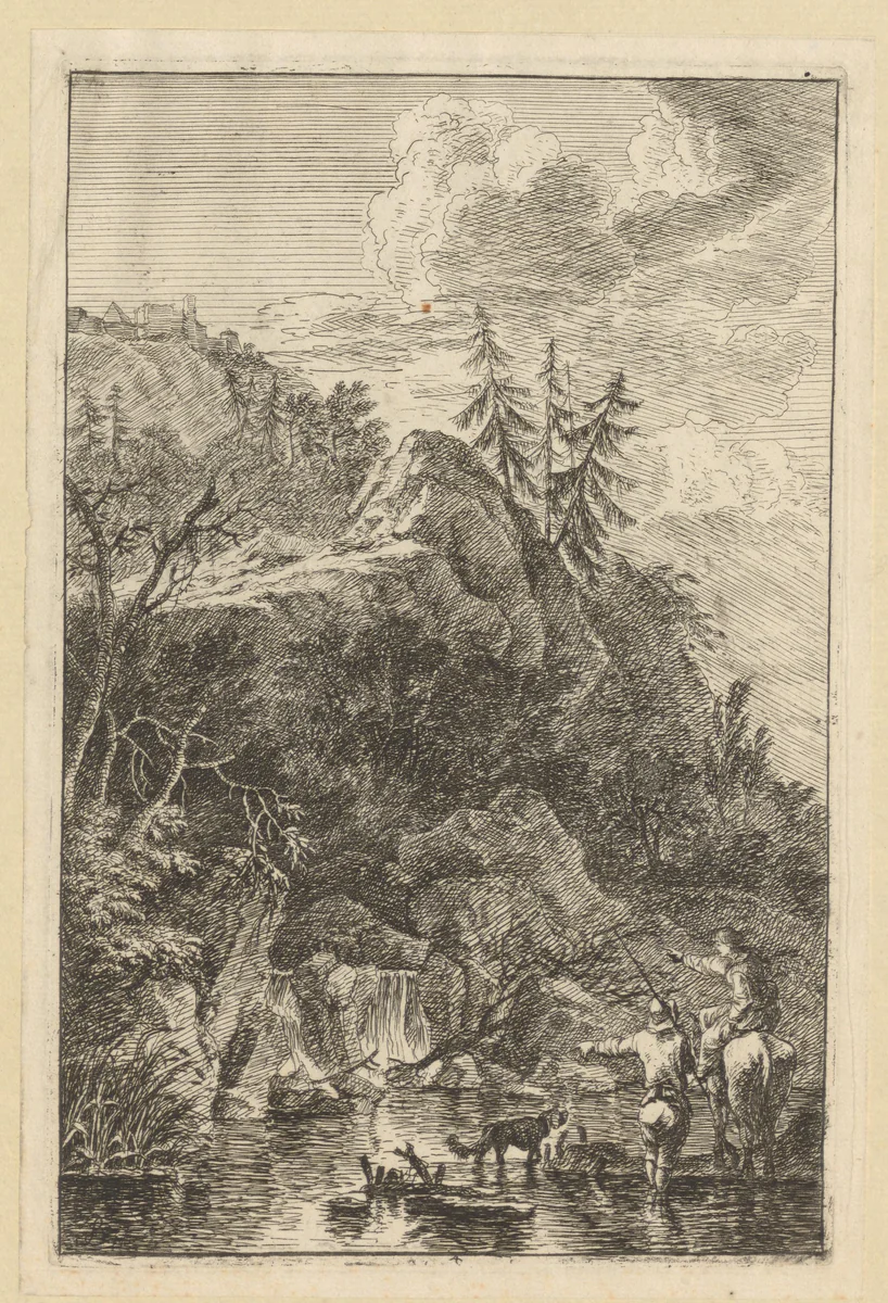 Rotsachtig landschap, op de voorgrond een man met een hond en een vrouw te paard by Jeremias Wolf, print, 1714-1724