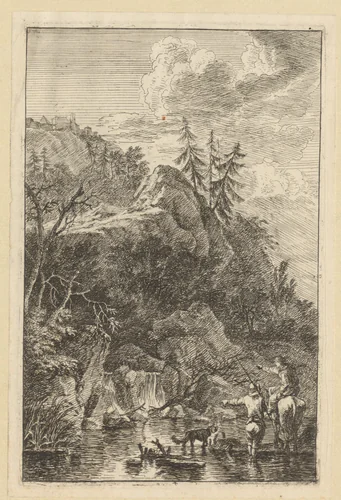 Rotsachtig landschap, op de voorgrond een man met een hond en een vrouw te paard by Jeremias Wolf, print, 1714-1724
