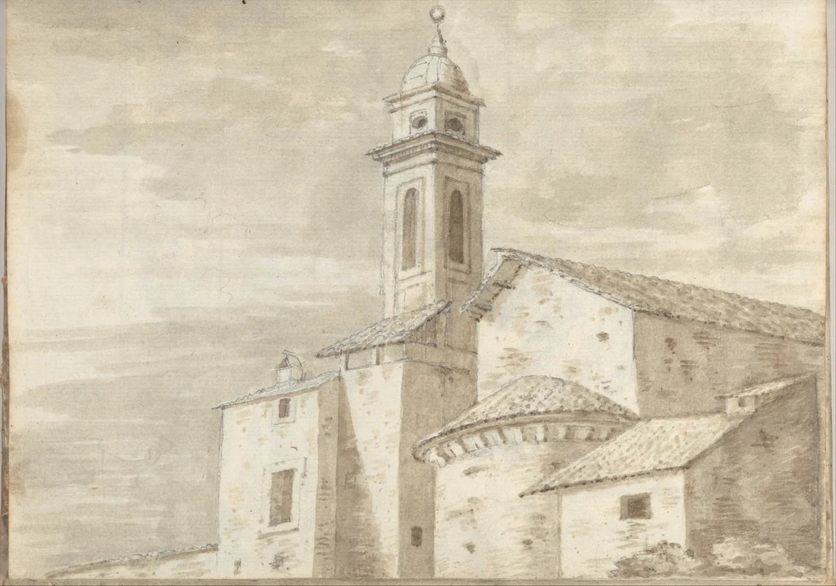 Church with a tower and tiled roof, at Rome (Smaller Italian sketchbook, leaf 36 recto) by Joseph Wright, drawing, 1774-1775