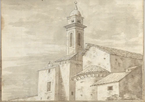 Church with a tower and tiled roof, at Rome (Smaller Italian sketchbook, leaf 36 recto) by Joseph Wright, drawing, 1774-1775