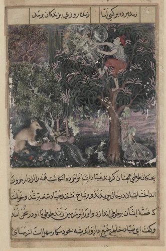The hunter throws away the baby parrots, who pretend to be dead, and captures the mother, from a Tuti-nama (Tales of a Parrot): Fifth Night by Basavana, painting, 1555-1565