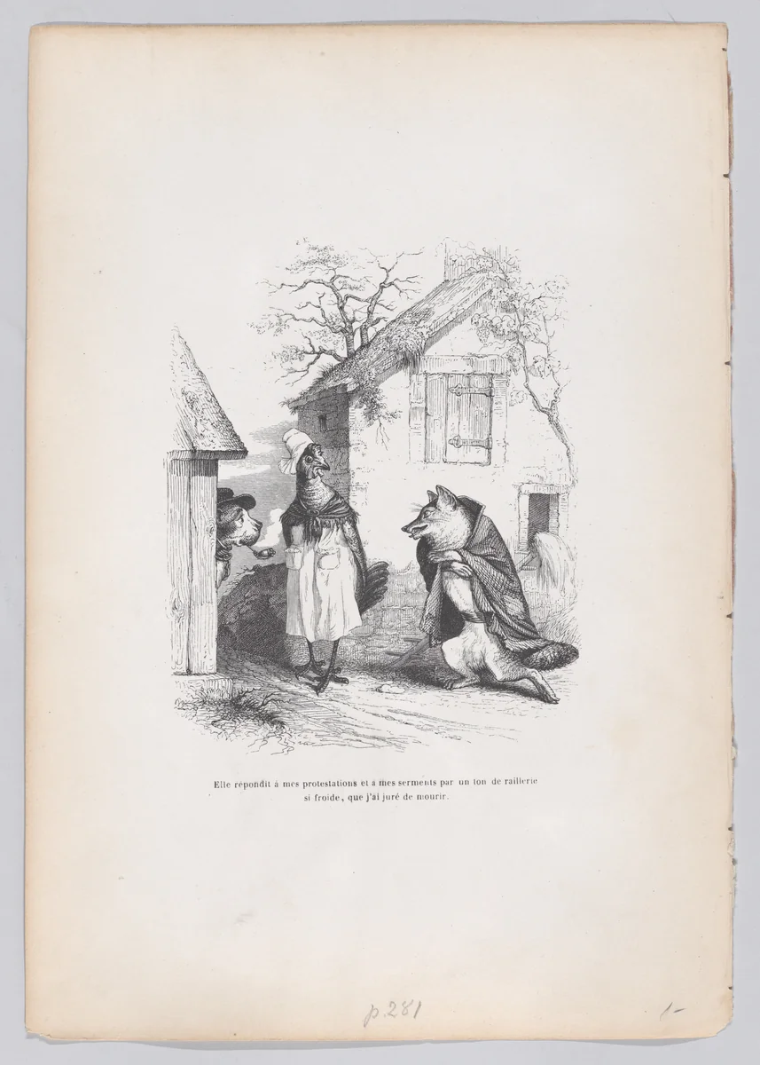 She responded to my protests and oaths with a tone of mockery so cold that I swore to die, from "Scenes from the Private and Public Life of Animals" by J. J. Grandville, print, 1832-1852