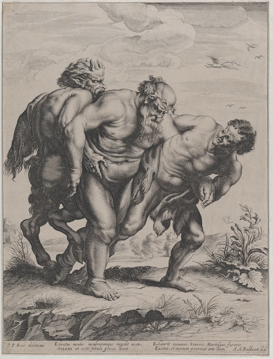 The drunken Silenus, supported by a satyr and a faun by Schelte Adams Bolswert, print, 1625-1659