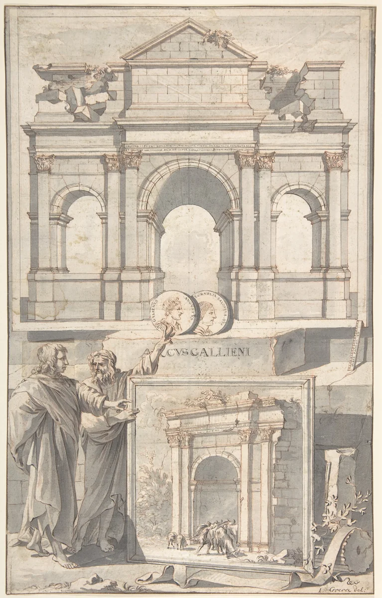 A Reconstruction of the Arch of Gallienus (above) and a View of the Ruins (below) by Jan Goeree, drawing, 1690-1704