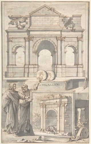 A Reconstruction of the Arch of Gallienus (above) and a View of the Ruins (below) by Jan Goeree, drawing, 1690-1704