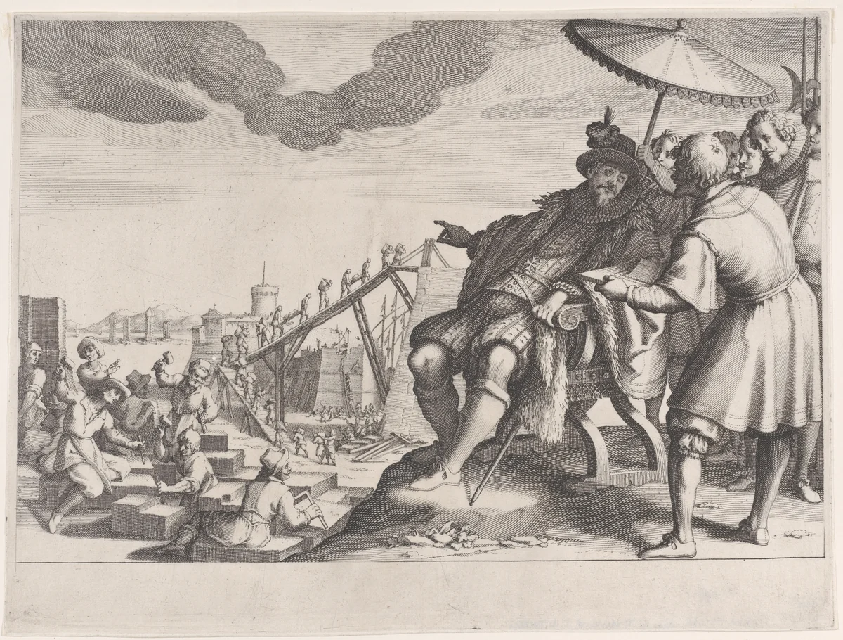 Le Grand Duc Fait Fortifier le Port de Livourne (The Grand Duke Fortifying the Port of Livourne), from La Vie de Ferdinand Ier de Médicis série appelée aussi Les Batailles des Médicis (The Life of Ferdinand I de'Medici also called The Medici Battles) by Jacques Callot, print, 1614-1620