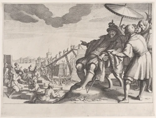Le Grand Duc Fait Fortifier le Port de Livourne (The Grand Duke Fortifying the Port of Livourne), from La Vie de Ferdinand Ier de Médicis série appelée aussi Les Batailles des Médicis (The Life of Ferdinand I de'Medici also called The Medici Battles) by Jacques Callot, print, 1614-1620
