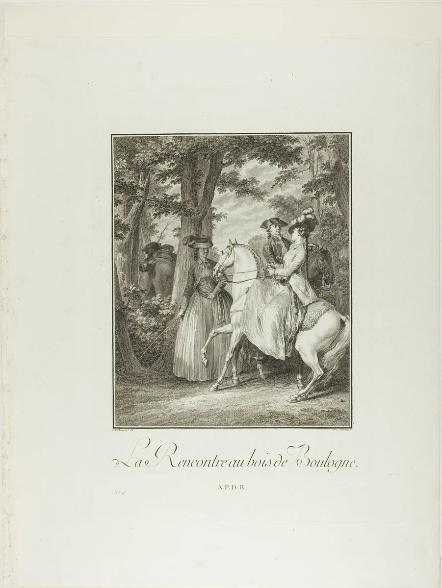 Meeting in the Woods of Boulogne, from Monument du Costume Physique et Moral de la fin du Dix-huitième siècle by Heinrich Guttenberg, print, 1776-1783