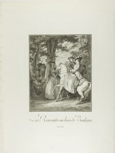 Meeting in the Woods of Boulogne, from Monument du Costume Physique et Moral de la fin du Dix-huitième siècle by Heinrich Guttenberg, print, 1776-1783