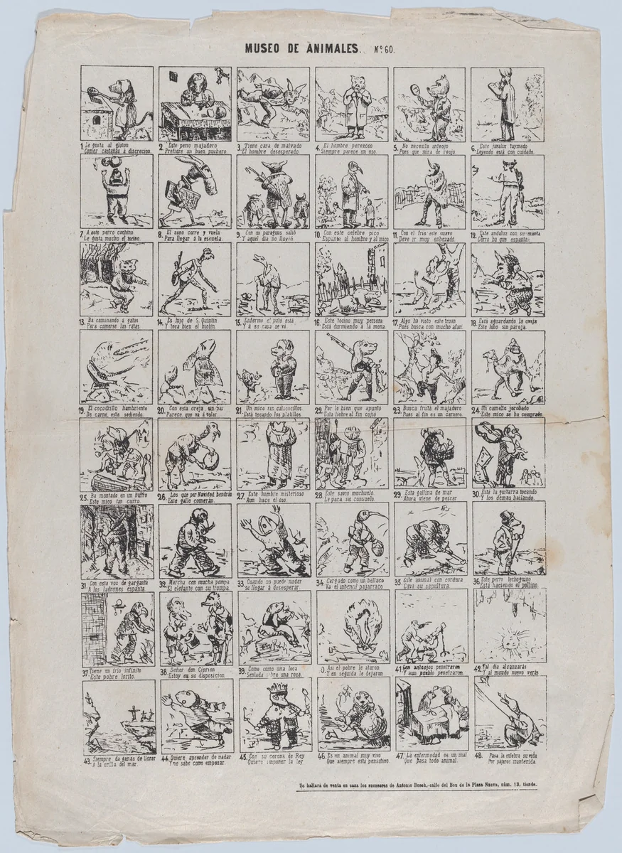 Broadside with 48 scenes of the museum of animals by Antonio Bosch, print, 1855-1865