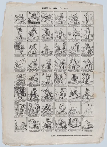 Broadside with 48 scenes of the museum of animals by Antonio Bosch, print, 1855-1865