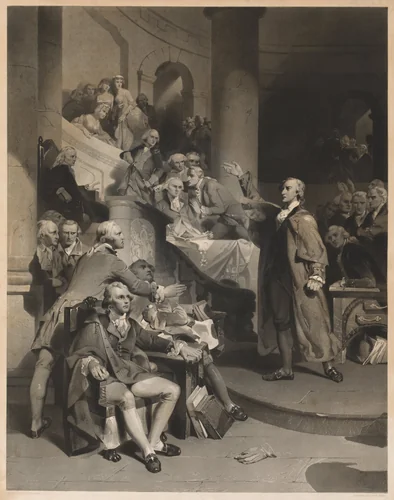 Patrick Henry Delivering His Celebrated Speech in the House of Burgesses, Virginia by Alfred Jones, print, 1852
