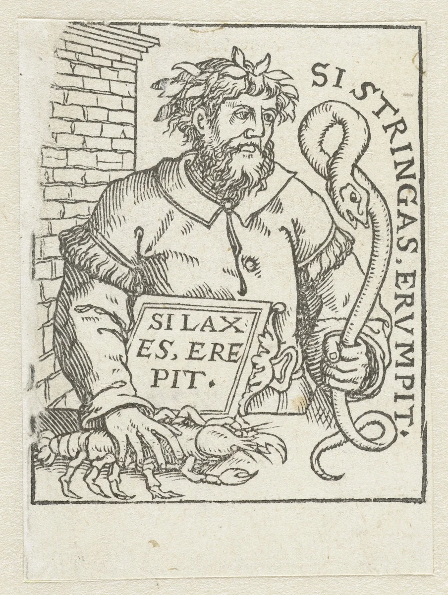 Man met een slang en een kreeft by anonymous, print, 1500-1520