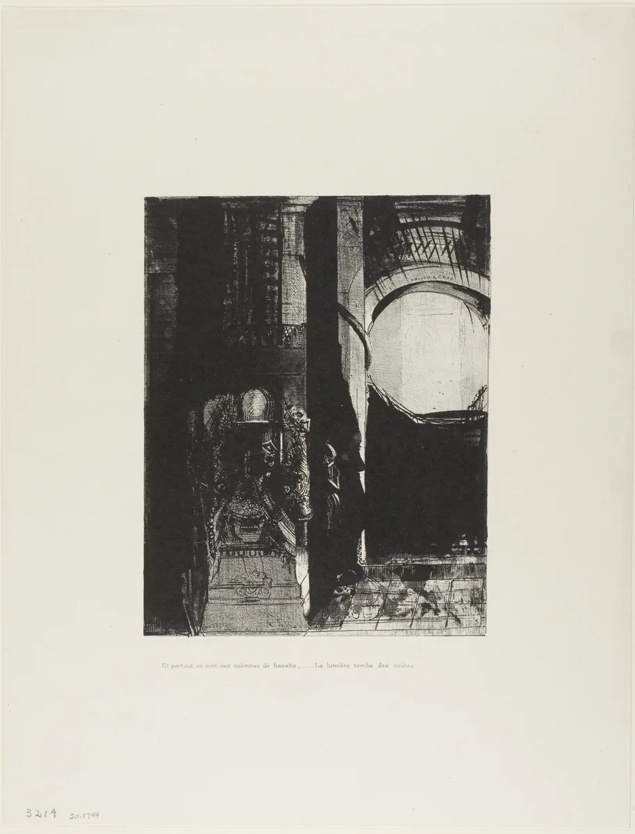 And On Every Side Are Columns of Basalt,...the Light Falls From the Vaulted Roof, plate 3 of 24 by Odilon Redon, print, 1896