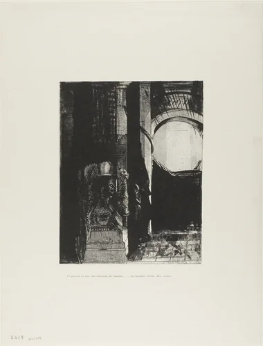 And On Every Side Are Columns of Basalt,...the Light Falls From the Vaulted Roof, plate 3 of 24 by Odilon Redon, print, 1896
