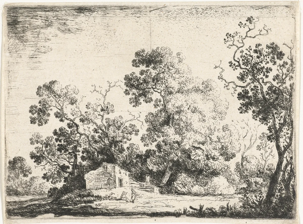 Landschap met een huis aan de rand van het bos by anonymous, print, 1620-1711
