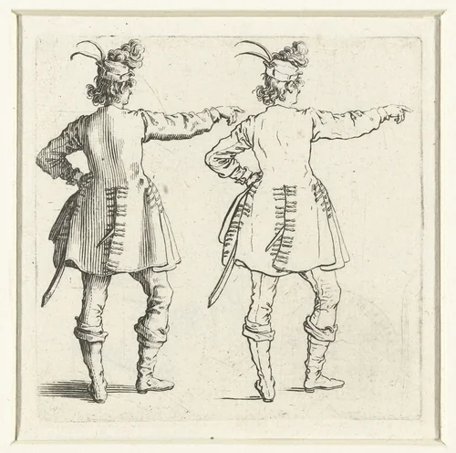 Tweemaal dezelfde soldaat met kleine gepluimde hoed en opgeheven arm, op de rug gezien by Jacques Callot, print, 1621-1624