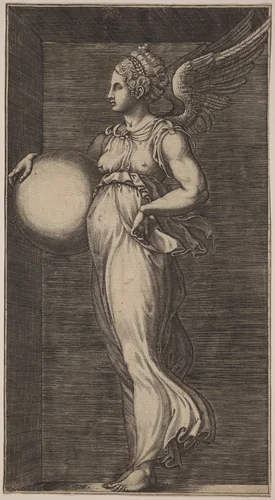 Allegorical Figure Holding a Sphere by Giorgio Ghisi; Giulio Romano, print, 1563-1567