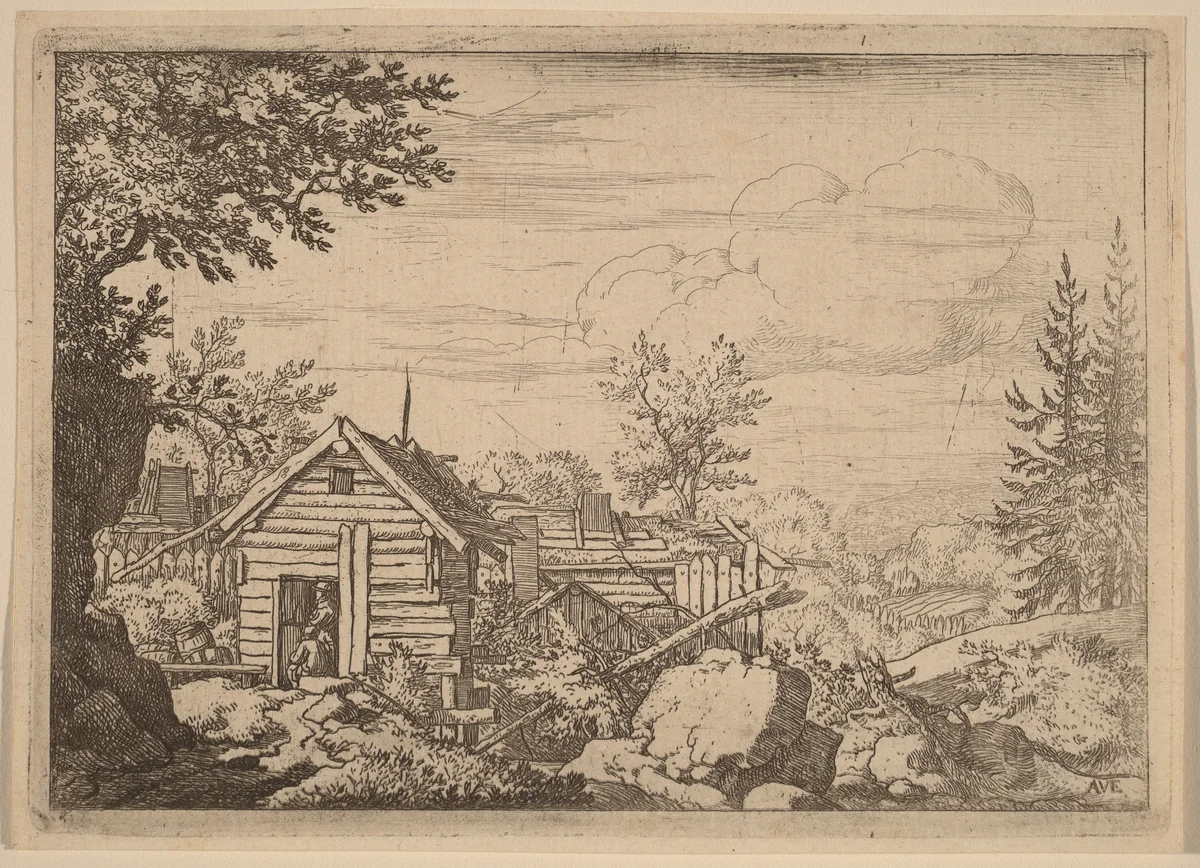 Two Men in the Doorway of a Hut by Allart van Everdingen, print, 1645-1656