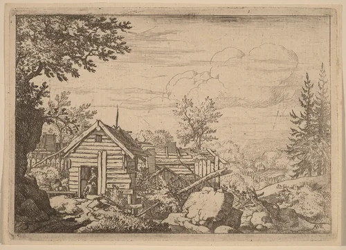 Two Men in the Doorway of a Hut by Allart van Everdingen, print, 1645-1656