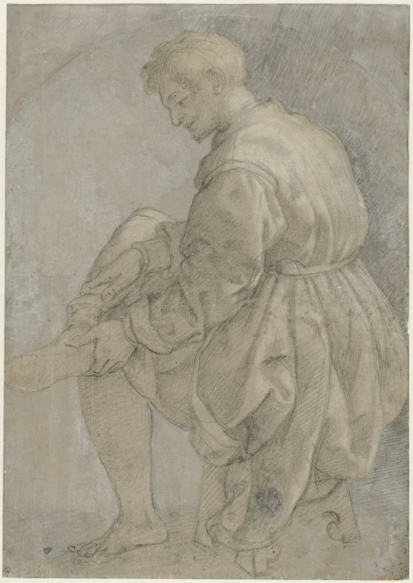 Zittende man die zijn kous aantrekt by Alessandro Allori, drawing, 1545-1572