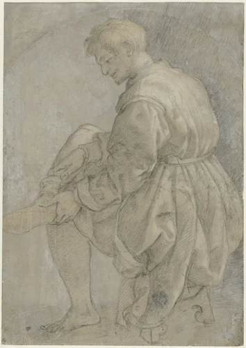 Zittende man die zijn kous aantrekt by Alessandro Allori, drawing, 1545-1572