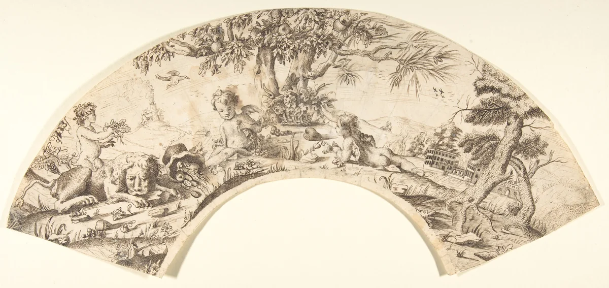 Design for a Fan: Scene of Cupids, and a Sleeping Lion in a Landscape by anonymous, drawing, 1700-1800