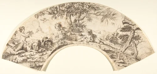 Design for a Fan: Scene of Cupids, and a Sleeping Lion in a Landscape by anonymous, drawing, 1700-1800