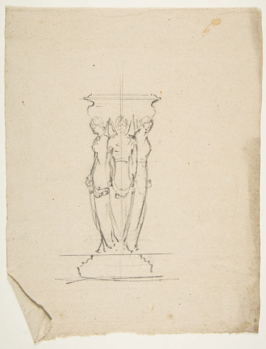 Desing for a base or support with three female figures by anonymous, drawing, 1800-1899