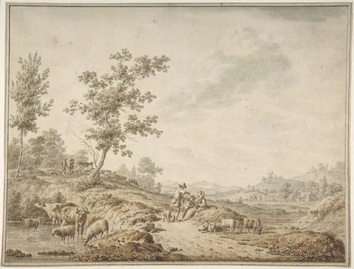 Landscape with Herdsmen and Their Cattle by Jordanus Hoorn, drawing, 1785