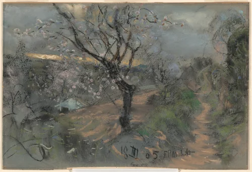 A Hillside Path with Blooming Cherry Trees under an Overcast Sky by Francesco Paolo Michetti, drawing, 1905