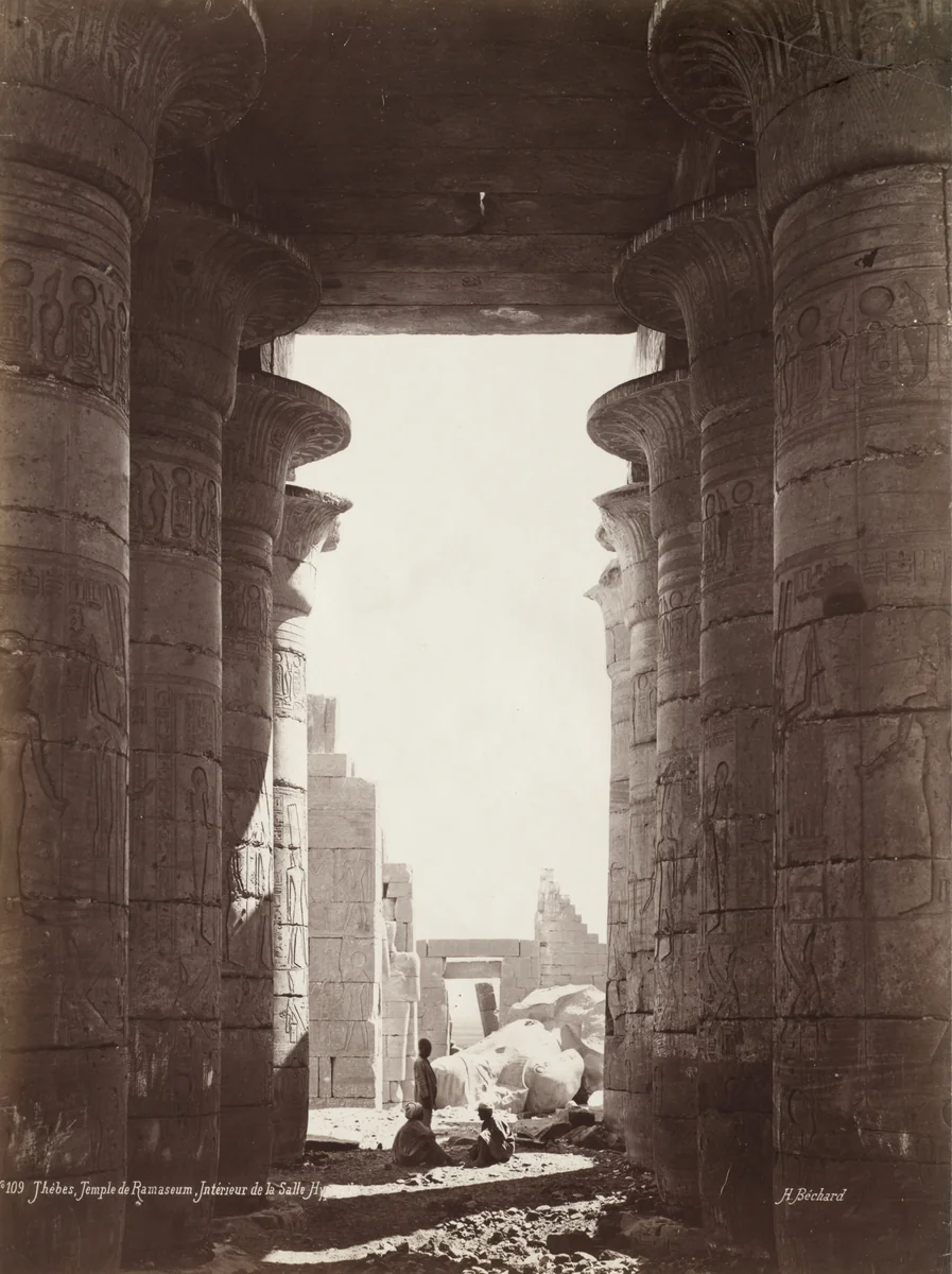 Thebes, Temple of the Ramesseum, Interior of the Hypostyle Hall by Henri Béchard, photograph, 1870-1879
